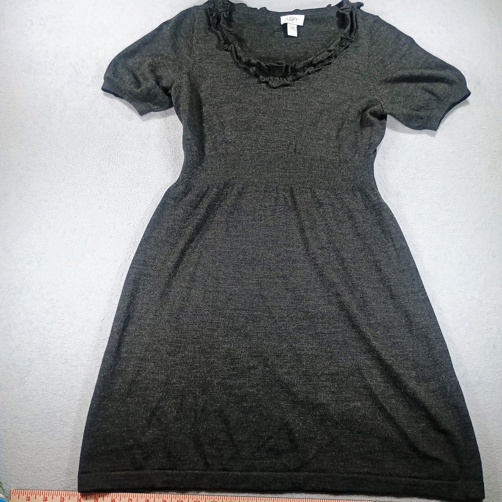 Loft Womens Ruffle Neck Sweater Dress Charcoal Gray M Empire‎ Waist